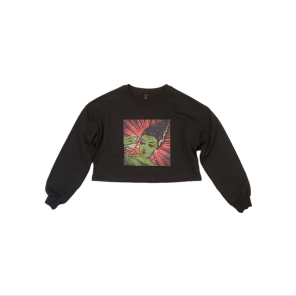 Romwe Women's Black Frankenstein‎ Bride Selfie Crop Sweatshirt Medium - Picture 1 of 6
